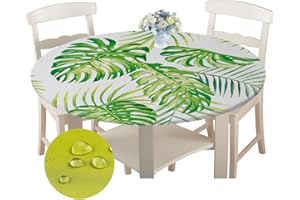 CHICKWIN-SHOP Chickwin Runde Tischdecke Wasserdicht Kreative 3D Gedruckte Tischschoner Elastische Kante, Tischtuch aus Polyester für Küche, Esszimmer, Garten oder Camping (Monstera,120cm)