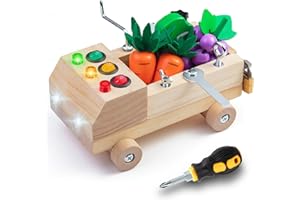 Sundaymot Toys for Boys, Comes with a Busy Board, Wooden Fruit and Vegetable Toys, Key Lock, Screw Tool Set and Traffic LED Light, Educational Montessori Toys for Age 3+