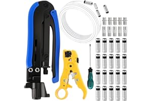 BILIPLE Juego de pelacables para cable coaxial, alicates de compresión, pelacables ajustables RG6, RG59, RG11,75-5,75-7, con cable RG6 TV, 20 conectores de compresión RG6 F, destornillador Phillips, conector