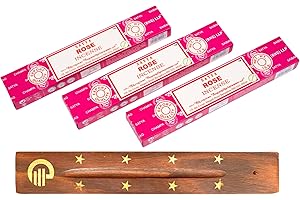 Original Satya Rose Incense Sticks Pack of 3X 15G with Greensense Holder for Aromatherapy, Spa, Yoga, Weddings, Meditation, Healing, Positivity and Relaxation