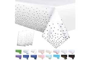 POPOYU 3Pack White and Silver Dot Table Cloth Party Disposable Tablecloths,137x274cm Confetti Table Covers Rectangle Plastic Tablecloth Party for Picnic,Baby Shower,Wedding,Birthday,Christmas Table Decor