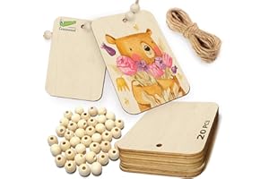Crocowood 60 UND Etiquetas de Madera en Blanco para Manualidades Set: 20 Etiquetas Madera Grandes + 40 Cuentas de Madera de 12 mm - Etiquetas de Madera con Nombres DIY para Cumpleaños, Navidad