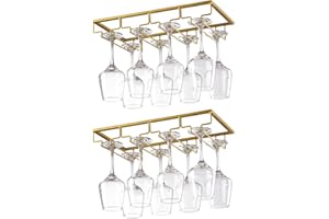 YunNasi 2 Piezas 4 Filas Soportes para Copas de Vino de Metal Organizador Mantener los Vasos Secos Debajo del Gabinete con Tornillos para Bar Restaurante Cocina, Dorado