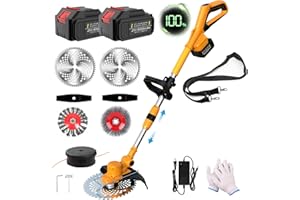 TRAJINLITY Akku Rasentrimmer mit 21v Akku, Rasentrimmer mit Unkrautbürste, mit 2×4.0AH Akku-Rasenkantenschneider,Elektro-Trimmer Verstellbarer Teleskop-Führungsholm für Garten, Hof (orange)