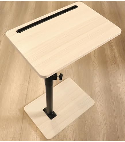 ETHU Height-Adjustable Overbed Table With Casters, 67-101cm Pneumatic Lift Mobile Desk, 20kg Load Capacity With Ultra-Thin Base & Magnetic Hook For Bed, Sofa And Home Office, Oak - View #5