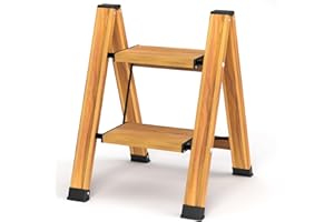 KULACO Marchepied Pliant Échelle 2 Marches Pliable en Aluminium Marchepied Portable Antidérapant Jusqu'à 150 kg Échelle Polyvalente Design Imitation Bois pour Cuisine Salle de Bain Camping.