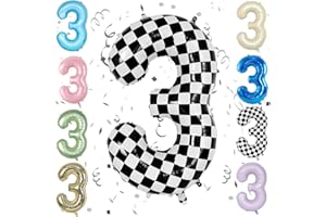 SOWIDE Checkered 40 Inch Number 3 Balloon,Large Self Inflating Black and White Foil Number Balloons 0-9 for Boys Girls,Digit Racing Balloons for 3rd Birthday Party Decorations Supplies