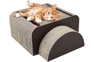 Pawaboo 2-en-1 Rascador de Gato para Cama y Sofá, Múltiples Funciones Tablero de Premium Corrugado Cartulina, Juguete para Gatos con Bola de Campana Redonda Incorporada - Marrón