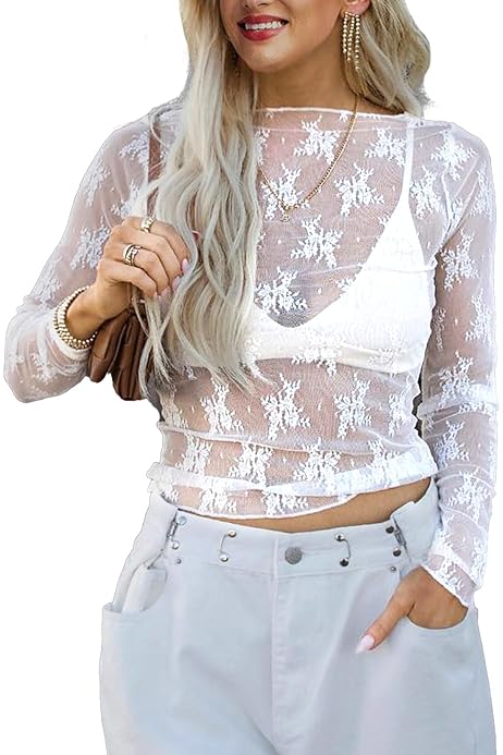 CMTOP Dames Mesh Crop Tops Lange Mouwen Sheer Blouse Tee