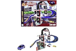 Majorette 212059982 60-lecie Miejski garaż z pojazdem, 3 poziomy, stacja benzynowa, warsztat, winda, myjnia, dołączony resorak Renault Twingo, 1:64, wymiary po rozłożeniu: 64 x 60 x 45 cm