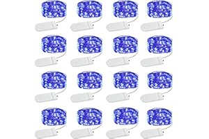GREZEA 16 Pack Blue Fairy Lights Battery Operated, 10ft 30 Led Mason Jar Lights, Waterproof Firefly Lights, Silver Wire Mini String Lights for Crafts Bottle Vase Centerpieces Flower Garland Party Decor…