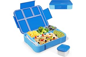 HapagToy Brotdose Kinder mit Fächern, Lunchbox Kinder mit 6 Unterteilung und einer Saucenbox, Bento Box BPA-Frei, Auslaufsicher Design, Perfekt für Kindergarten Schule Büro Tragen(Blau)