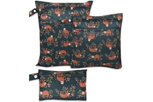 FanChose 3 Pcs Baby Wet Dry Cloth Diaper Bag, Reusable Diaper Wet Bag, Washable Diaper Nappy Bags Waterproof Travel Carry Bag, Foldable Portable Nappy Pouch, Sloth