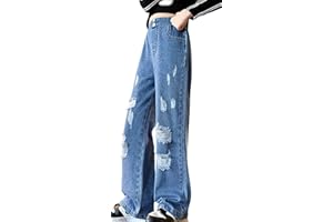 Panegy Jeans Strappati per Ragazze Vita Alta Elastica Baggy Casual Gamba Larga Denim Jeans Moda Lavato Pantaloni con Tasche Stretchy Vintage Pants età 5-15 Anni
