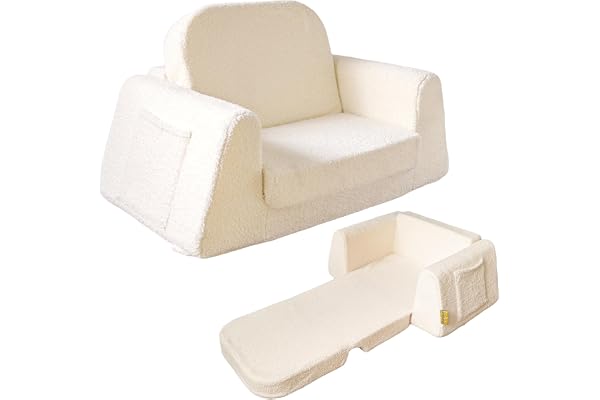 BanaSuper Barnsoffa, 2-i-1 Bäddsoffa för Barn, Hopfällbar Fåtölj, Beige | Soffa Barn, Mjuk Sherpa Klädsel, Maskintvättbart Överdrag, Högdensitetsskum, Stabil Bred Bas, Rundade Kanter, Dold Dragkedja