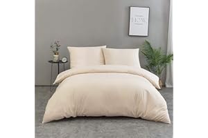 AYSW 100% bawełna pościel z zamkiem błyskawicznym, 200 x 200 cm, zestaw 3 sztuk, 1 poszwa na kołdrę z 2 poszewkami na poduszki 80 x 80 cm, beżowa