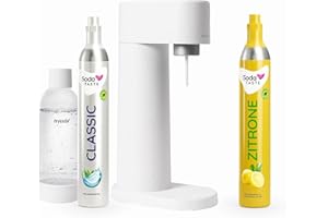SODATASTE Sparpaket: Mysoda Woody - Wassersprudler aus erneuerbarem Holzkomposit mit 1L BPA-freier Plastikflasche, CO2-Zylinder Classic + CO2-Zylinder Zitrone (Weiß)