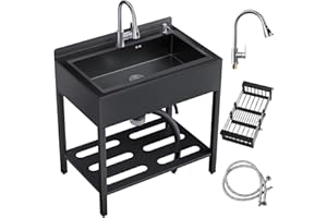 AFITDON Freistehende Edelstahl Waschspüle für Außenbereich, Spülbecken Küchen Spüle mit Abtropfschale & Ausziehbarem Wasserhahn & Kalt-Warmwasserrohre, Kitchen Sink Handwaschspüle für Küche, Garage, Garten