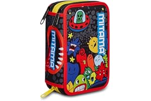 Mitama Estuche Escolar 3 Compartimientos – TRIPLO CTEATURES MITAMA, Negro - con Material Incluido: Lápices, Bolígrafos y Marcadores – Gran Capacidad para Niños y Adolescentes