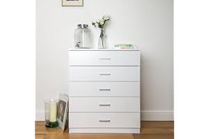Home Treats White Chest of Drawers Bedroom Furniture I 5 Drawer Chest of Drawers I Anti Bowing Drawer Support I Clothes Organiser for Any Room (White, 5 Drawer)