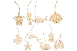 SHINEOFI 60pcs Ocean Animal Wooden Cutouts for DIY Crafts, Natural Wood Shapes Including Turtle, Octopus, Crab, Beige Marine Wooden Ornaments with Jute Rope for Home and Office Decorations