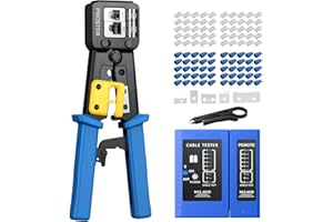 Proster Kit de Crimpadora RJ45 para Cable de Red CAT5 CAT5e CAT6 con Probador de Cable de Red y 50 PCS Conectores CAT6 y Cubiertas Chapados en Oro y 5 Cuchillas de Repuesto