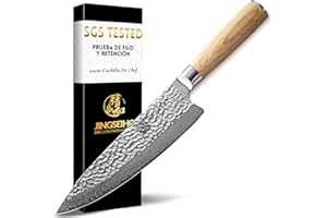 Jingseiho Cuchillo de Chef de 20cm de Damasco Auténtico de 67 Capas, Filo y Retención de Filo Verificados por SGS, Mango Ergonómico y Equilibrado, Ideal para Uso Doméstico y Regalos