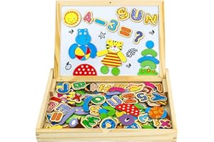 YOPTOTE Magnetic Drawing Board Wooden Jigsaw Puzzles Double Sided Blackboard Numbers And Alphabet Game Magnetic Puzzle Board For Kids Up 3 Years Old (90PCS)