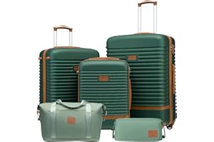 COOLIFE Suitcase Set 5PC: 28/24/20" + Weekenders, ABS Hard Shell Lightweight, 360°Wheels & TSA Locks Travel Luggage Sets - for Europe, Cruise, Study Abroad & Family Travel Dark Green/Brown