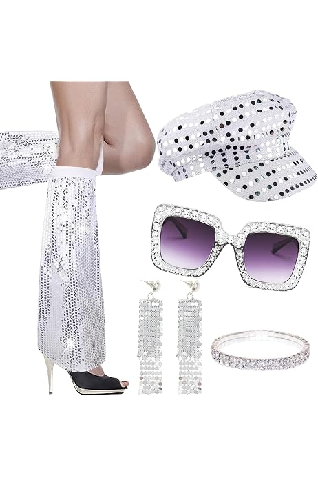 Disco Accessoires Set 6-teilig Für 70er/80er Jahre Party - Glitzer Stirnband, Ohrringe, Schal, Sonnenbrille, Armband & Ring