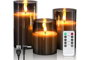 daphomeu Rechargeable Flameless LED Candles with Timer, Remote Control, 3D Simulation Glass Effect, 3 Pack, Grey - for Home Decor, Weddings, Parties, Christmas