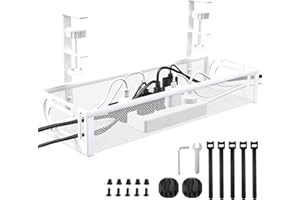 HMSENG Under Desk Cable Management Tray, Metal Cable Management,No-Drill Mesh Wire Organiser with Clamp, Wire Holder Side Opening Design, Cable Tidy Basket, for Office and Home-White