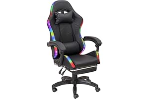 Baroni Home Sedia Gaming Ergonomica con Cuscino Lombare, Luci Led Regolabili e Poggiapiedi Estraibile, Sedia Ufficio con Schienale Inclinabile e Altezza Regolabile, Nero, 68x66x125-133 cm