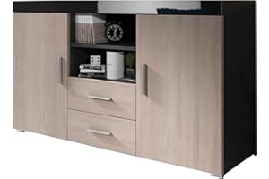 MB Muebles Bonitos | Buffet Bahut | Meuble Salon | Largeur 140 x Hauteur 80 x Profondeur 40 cm | Finition Nero Brillant et Sonoma Mat | 2 Portes | 2 Tiroirs | Meuble TV Salle à Manger | Modèle Roque