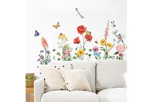 decalmile Adesivi Murali Giardino Fiori Adesivi da Parete Papaveri Farfalle Decorazione Murale Camere Ragazze Camera da Letto Soggiorno