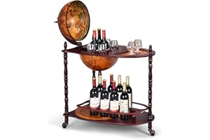 RELAX4LIFE Carrello da Bar con Globo, Tavolo da Bar a 2 livelli in Legno di Eucalipto Naturale, Mobile da Bar in Stile Vintage con Ruote Girevoli per Vini e Liquori