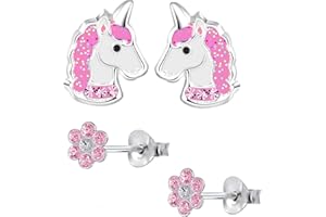 FIVE-D 2 Paar Kinderohrringe Einhorn und Blume Kristall aus 925 Silber im Schmucketui
