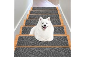 NEUYTIKY Opakowanie 15 mat schodowych, antypoślizgowe maty schodowe, samoprzylepne maty schodowe 76 x 20 cm, do drewnianych stopni wewnątrz, nakładki na schody dywanowe dla dzieci i starszych zwierząt (szary)