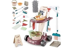 deAO Sarrito de Limpieza para Niños con Fregona, Cubo, Escoba, Aspirador, Set de Carro de Limpieza, Juguete de Limpieza para Niños a Partir de 2 3 años (marrón Rojizo)