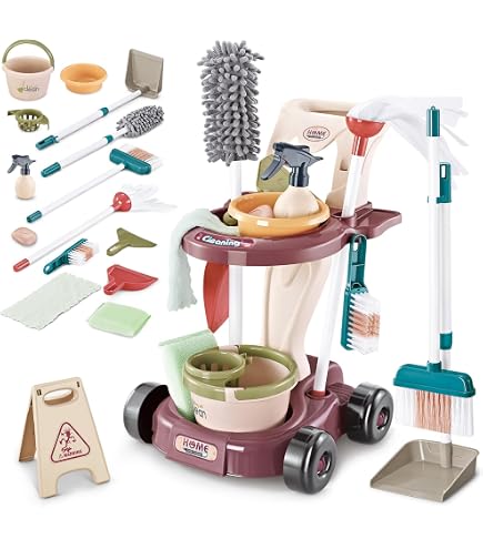 Carrello Pulizia In Legno Per Bambini - Con Scopa, Aspirapolvere, Paletta E Accessori, Età 3+