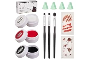 ‎LICTIN Lictin Halloween Schminke, Halloween Make up 3 Farben Schwarz Rot Weiß, Face Paint Halloween mit 3 Pinsel, 2 Schwämme und 2 Tattoo Aufkleber, Halloween Gesichtsfarbe für Zombies, Vampire, Cosplay