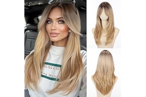 Allbell Ombre Blonde Perücken mit Pony Lange Schichten Syntehtic Perücken für Frauen Highlights Blondes Haar