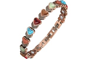 Jeracol Lymphatic Drainage Copper Magnetic Bracelets for Women,Copper Bracelet with Heart Shape Stone,Adjustable Length with Sizing Tool in Gift Box(Colorful)
