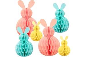 Eambrite 6PCS Hanging Decorations Spring Honeycomb Paper Ball Easter Bunny Decorations, Easter Tree Decor Hanging Paper Ornaments for Home Party (Pink, Blue, Yellow)