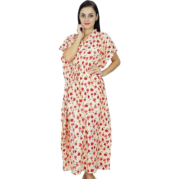 Women's Long Floral Cotton Kaftan - Maxi Boho Dress With Kimono Sleeves, Multi Color