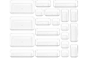 Stackzy Drawer Organiser Set – Makeup Organiser Tray for Drawers – Clear Cosmetics Container Tray for Bedroom – Utensil Cutlery Set Divider – Kitchen Storage & Organisation – 21pack