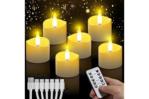 DAPHOMEU Velas LED recargables con mando a distancia 6 piezas, velas de té sin llama con función de temporizador automático, velas a pilas para bodas, fiestas, Halloween, Navidad, decoración del hogar