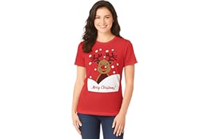 Love My Fashions Women Merry Christmas T-Shirt - Novelty Funny Xmas Top with Snowman, Santa & Reindeer Prints, Crew Neck, Short Sleeve Shirt for Women