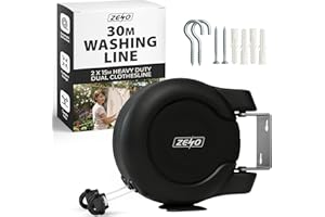 ZENO Retractable Washing Line 30M | Heavy Duty Dual Clothes Line with Automatic Retraction | Wall Mounted Laundry Airer for Indoor and Outdoor Use | Space Saving Design | 2x15M Long Line | Black