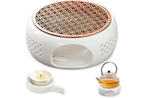 BORDEAG Calentador de Tetera, Calentador de Té de Cerámica con Soporte para Vela y Almohadilla Térmica Diseño Tallado Hueco para Mantener Té y Café Calientes